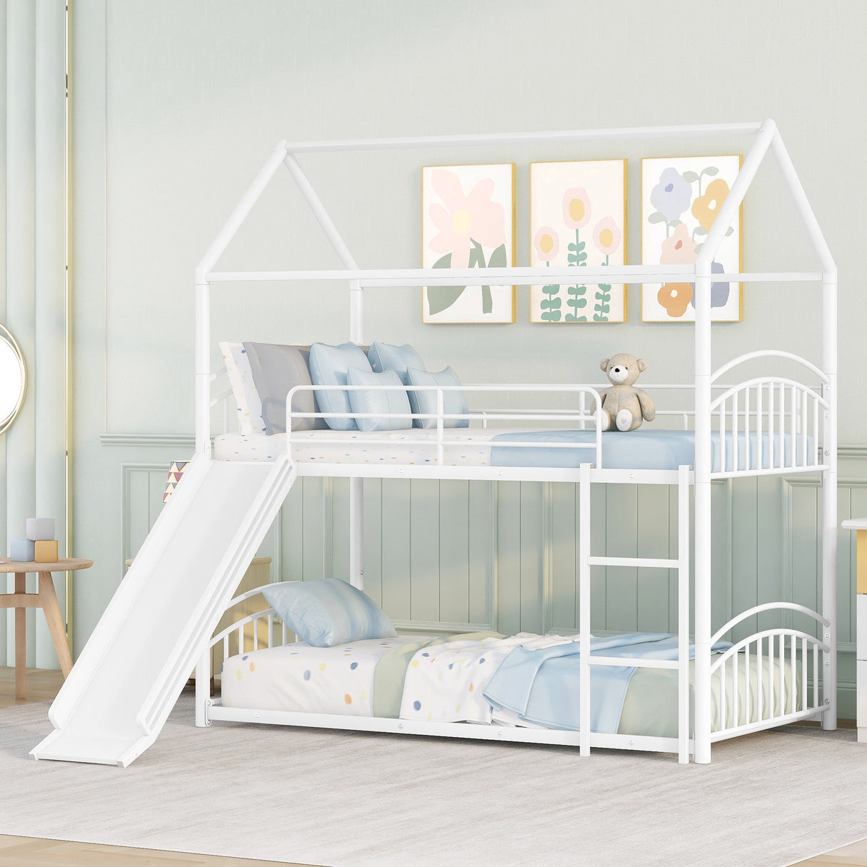 Twin Over Twin Metal Bunk Bed With Slide,Kids House Bed White - Home Elegance USA