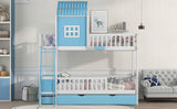 Twin over Twin Bunk Bed with Twin Size Trundle , Farmhouse Bed with Storage Box and Drawer - Blue - Home Elegance USA