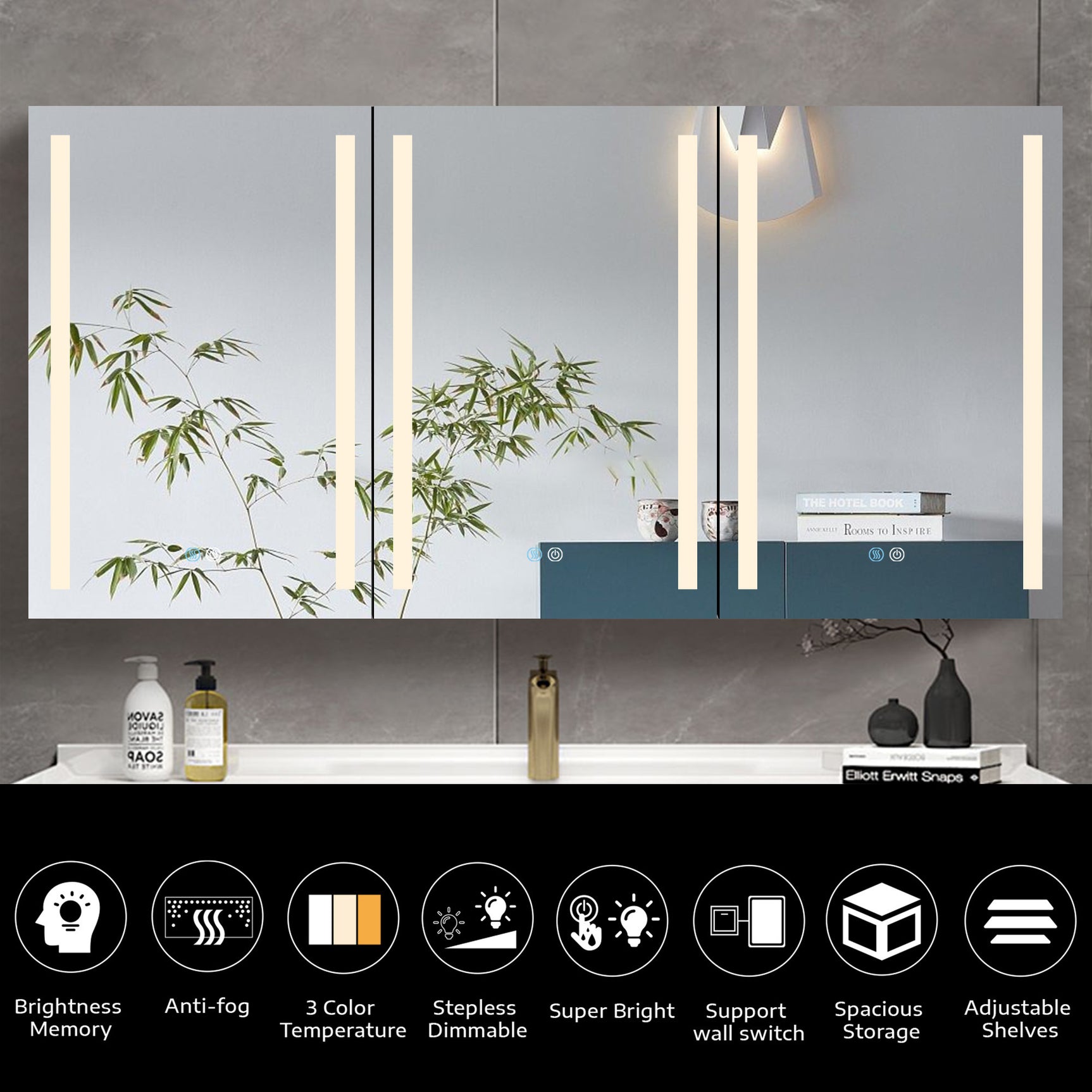 60x30 Inch LED Bathroom Medicine Cabinet Surface Mount Double Door Lighted Medicine Cabinet, Medicine Cabinets for Bathroom with Mirror Defogging, Dimmer Black - W995S00073 - image - 2