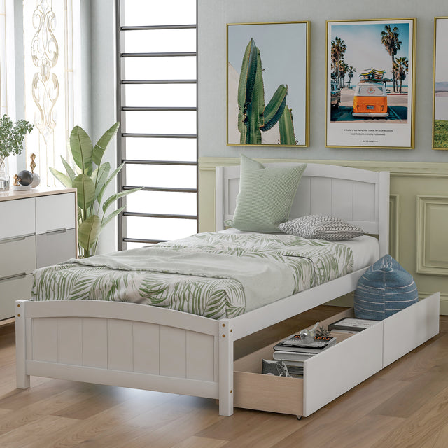 Twin size Platform Bed with Two Drawers, White - Home Elegance USA