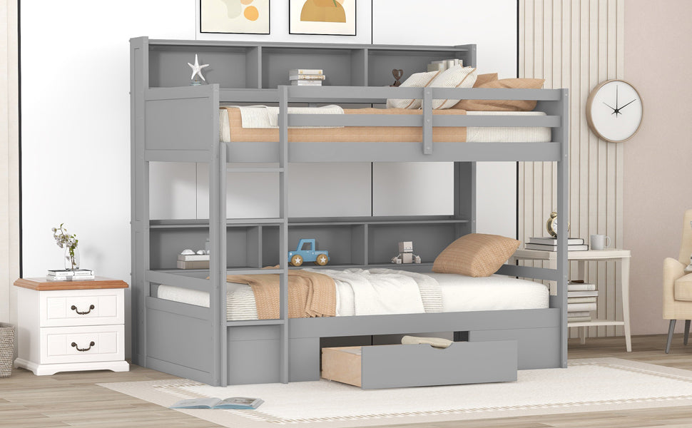 Twin Size Bunk Bed with Built-in Shelves Beside both Upper and Down Bed and Storage Drawer,Gray - Home Elegance USA