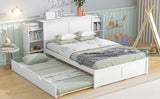 Full Size Storage Platform Bed with Pull Out Shelves and Twin Size Trundle, White - Home Elegance USA