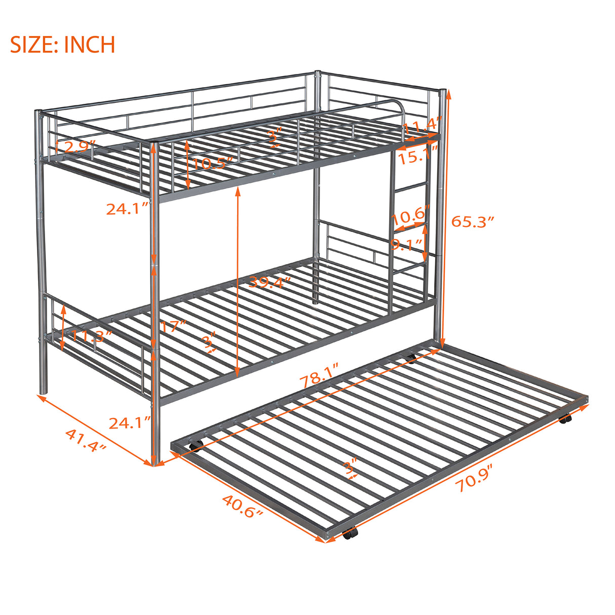 Twin-Over-Twin Metal Bunk Bed With Trundle,Can be Divided into two beds,No Box Spring needed ,White ( old sku: MF194806AAN ) - Home Elegance USA