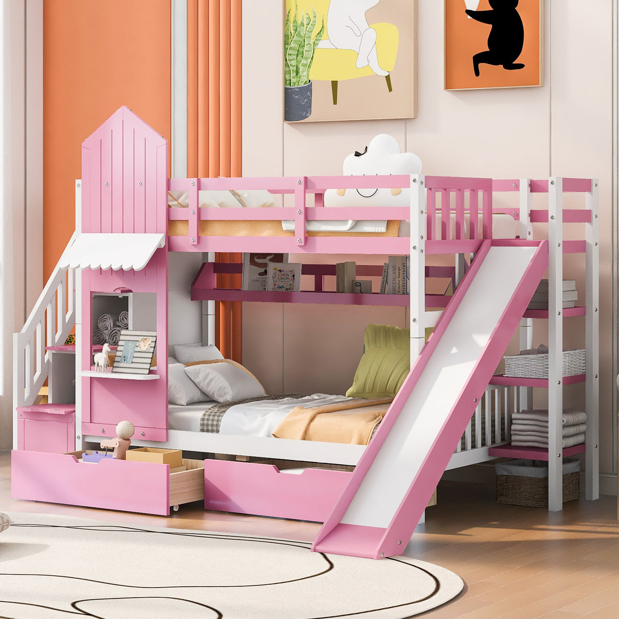 Twin-Over-Twin Castle Style Bunk Bed with 2 Drawers 3 Shelves and Slide - Pink - Home Elegance USA