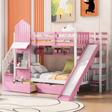 Twin-Over-Twin Castle Style Bunk Bed with 2 Drawers 3 Shelves and Slide - Pink - Home Elegance USA