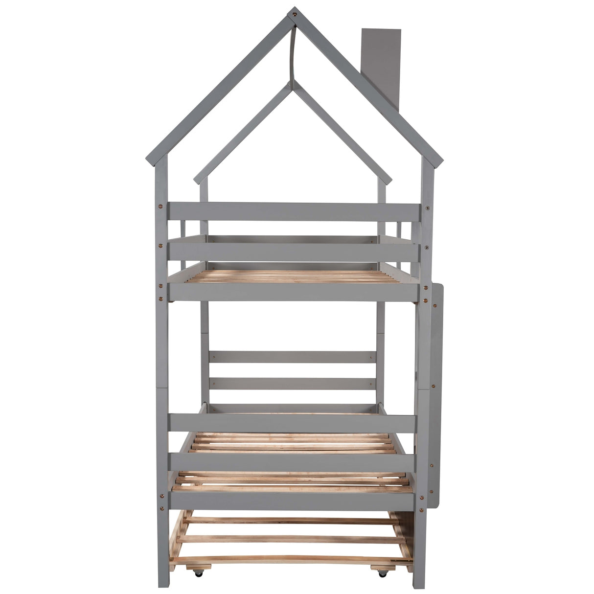 Twin over Twin House Bunk Bed with Trundle and Chimney Design,Gray - Home Elegance USA