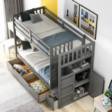 Twin over Full/Twin Bunk Bed, Convertible Bottom Bed, Storage Shelves and Drawers, Gray - Home Elegance USA