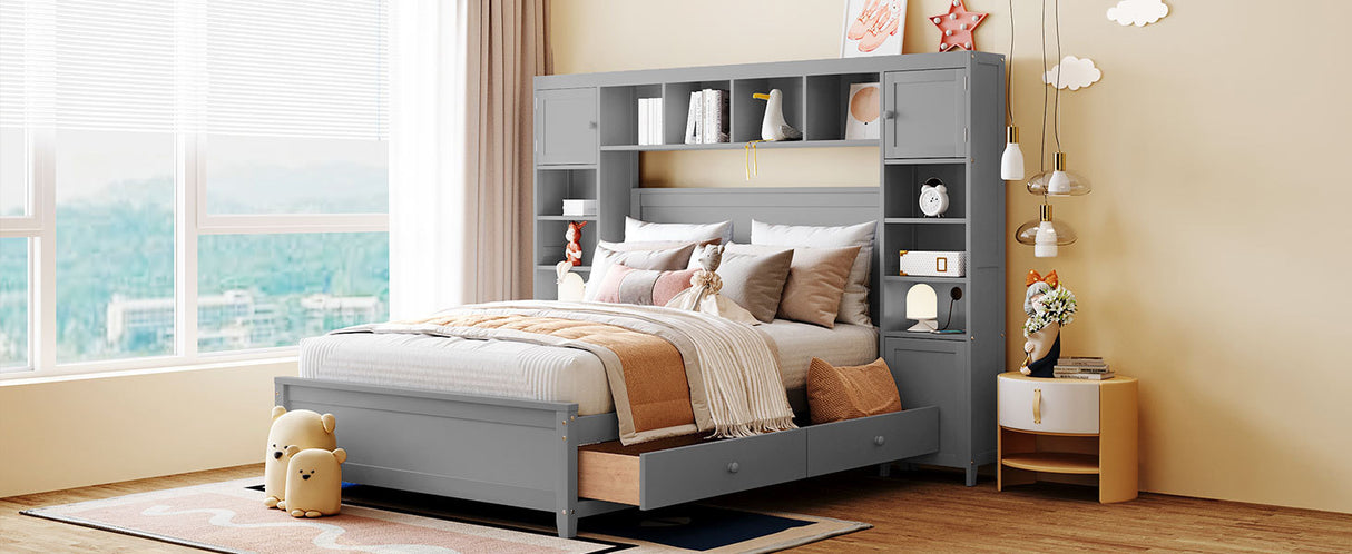 Full Size Wooden Bed With All-in-One Cabinet and Shelf, Gray - Home Elegance USA