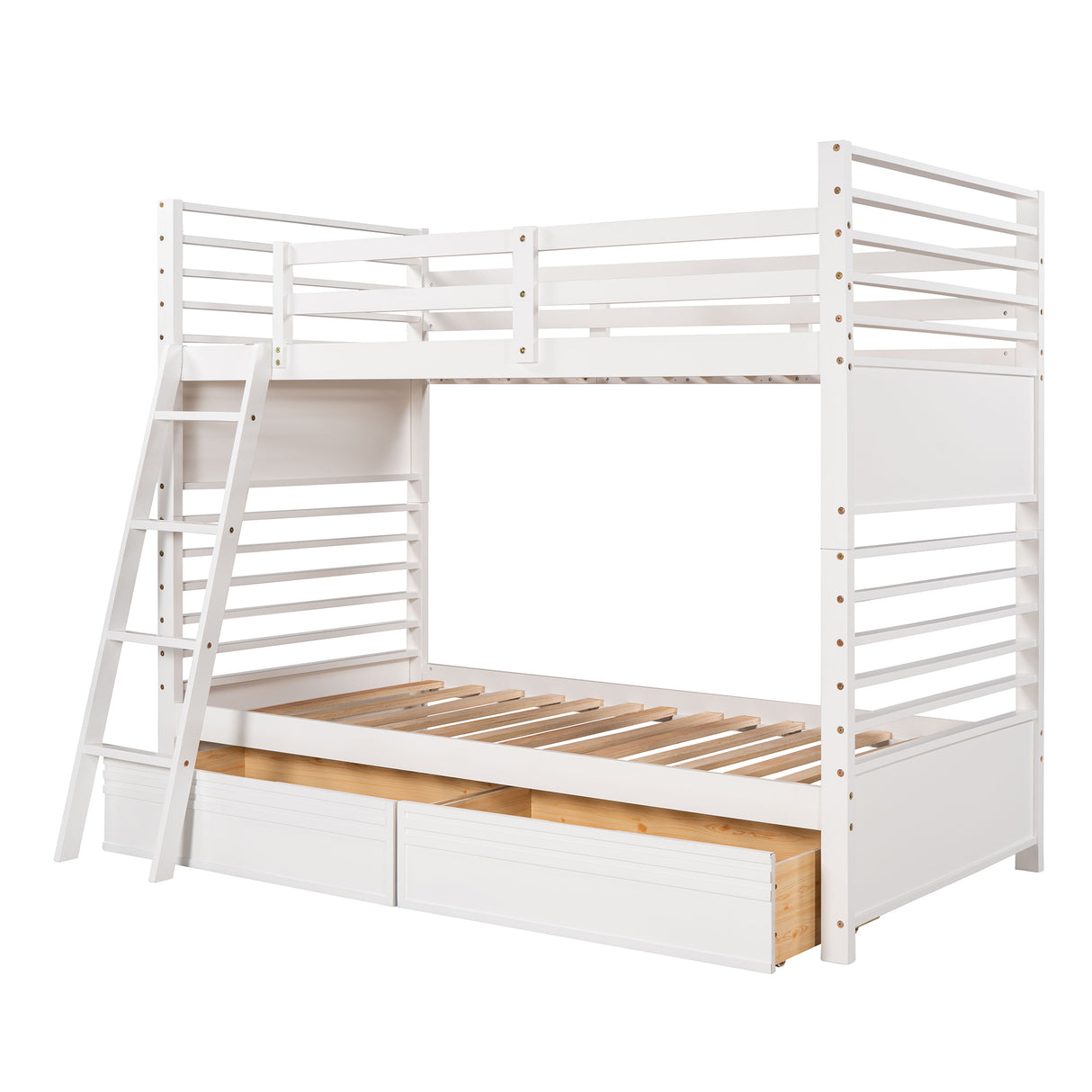 Twin over Twin Wood Bunk Bed with Two Drawers - White - Home Elegance USA