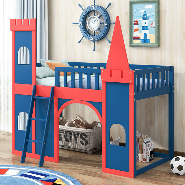 Twin Size Castle Shaped Loft Bed with Underbed Storage Space,Red - Home Elegance USA