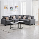 Nolan Gray Linen Fabric 6Pc Reversible Sectional Sofa with a USB, Charging Ports, Cupholders, Storage Console Table and Pillows and Interchangeable Legs - Home Elegance USA