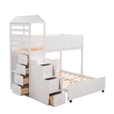 Stairway Twin Over Full Bunk Bed, House Bed with Two Shelves and Seven Drawers,White - Home Elegance USA