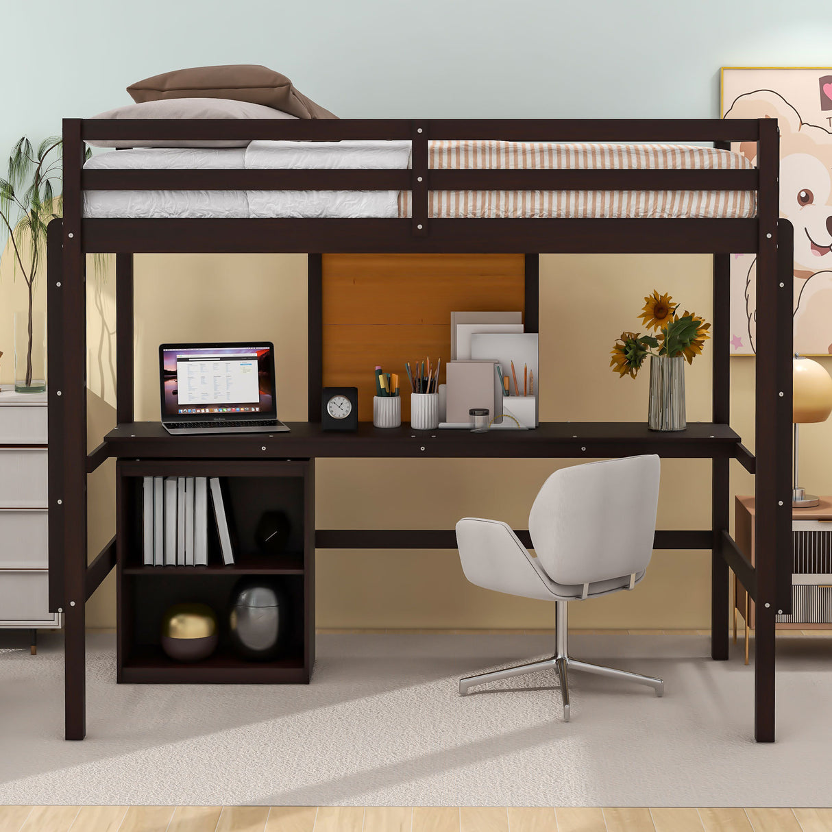 Twin size Loft Bed with Desk and Writing Board, Wooden Loft Bed with Desk & 2 Drawers Cabinet- Espresso - Home Elegance USA
