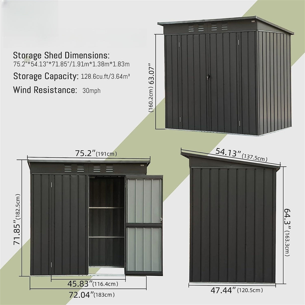 Backyard Storage Shed with Sloping Roof Galvanized Steel Frame Outdoor Garden Shed Metal Utility Tool Storage Room with Latches and Lockable Door (6.27x4.51ft, Black)