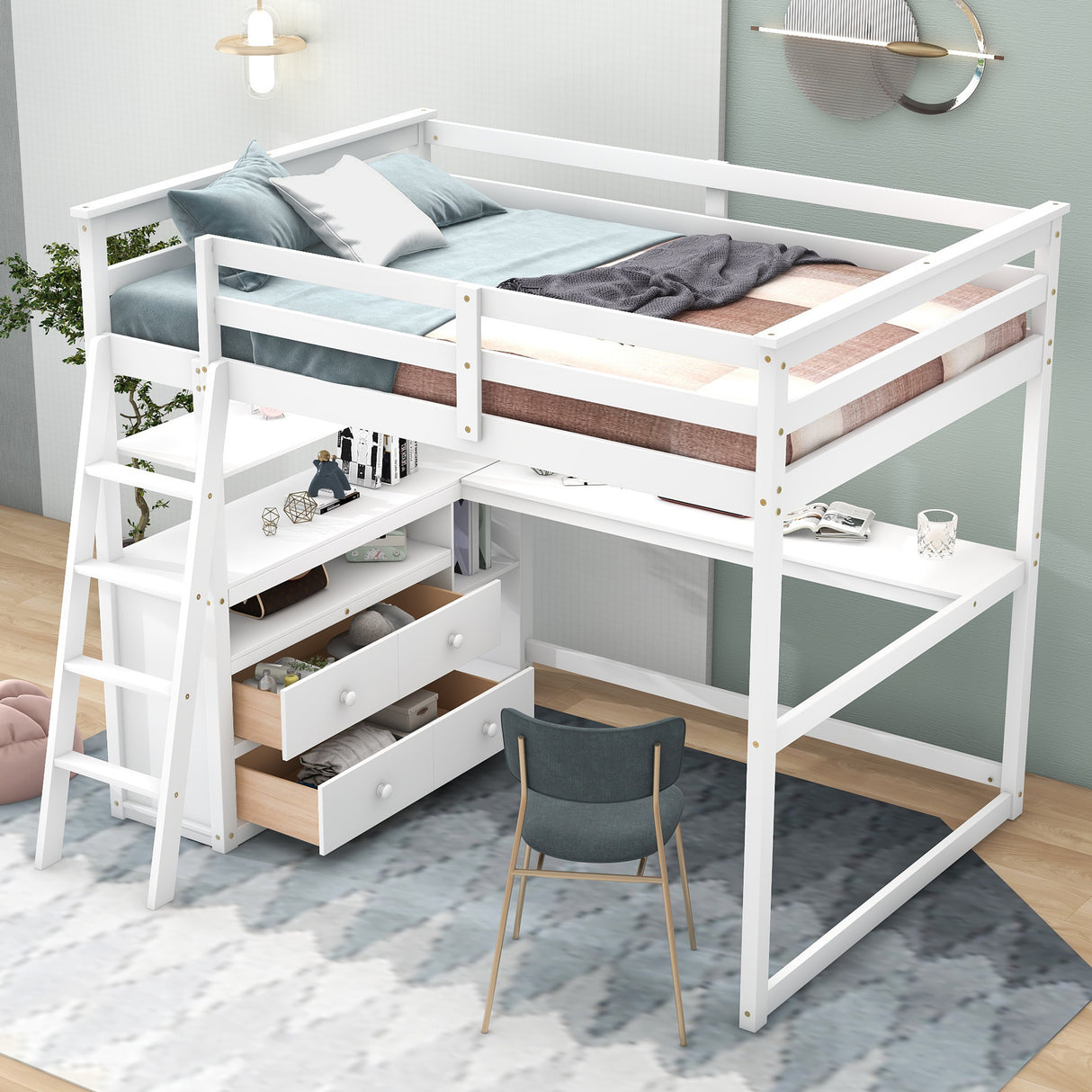 Full Size Loft Bed with Desk and Shelves,Two Built-in Drawers,White - Home Elegance USA