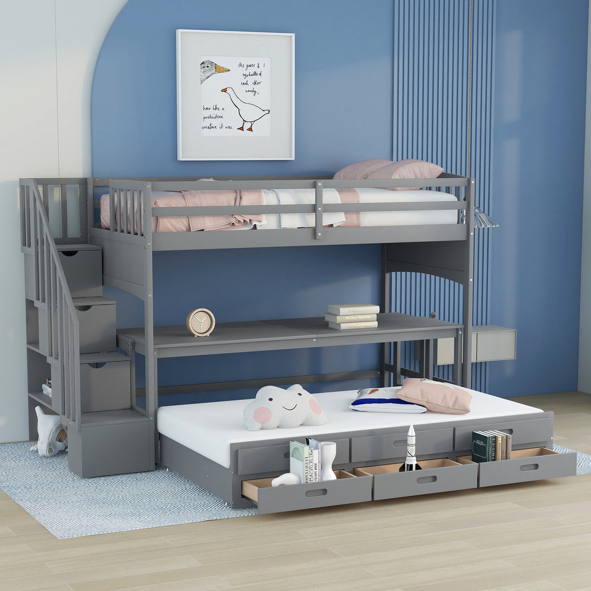 Stairway Twin XL Loft Bed with Twin Size Trundle and 3 Drawers, Storage, Desk, Gray - Home Elegance USA