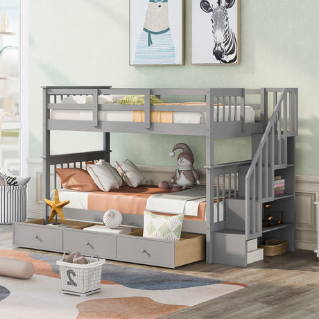 Stairway Twin-Over-Twin Bunk Bed with Three Drawers for Bedroom, Dorm - Gray(Old SKU: LP000309AAE) - Home Elegance USA