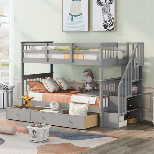 Stairway Twin-Over-Twin Bunk Bed with Three Drawers for Bedroom, Dorm - Gray(Old SKU: LP000309AAE) - Home Elegance USA