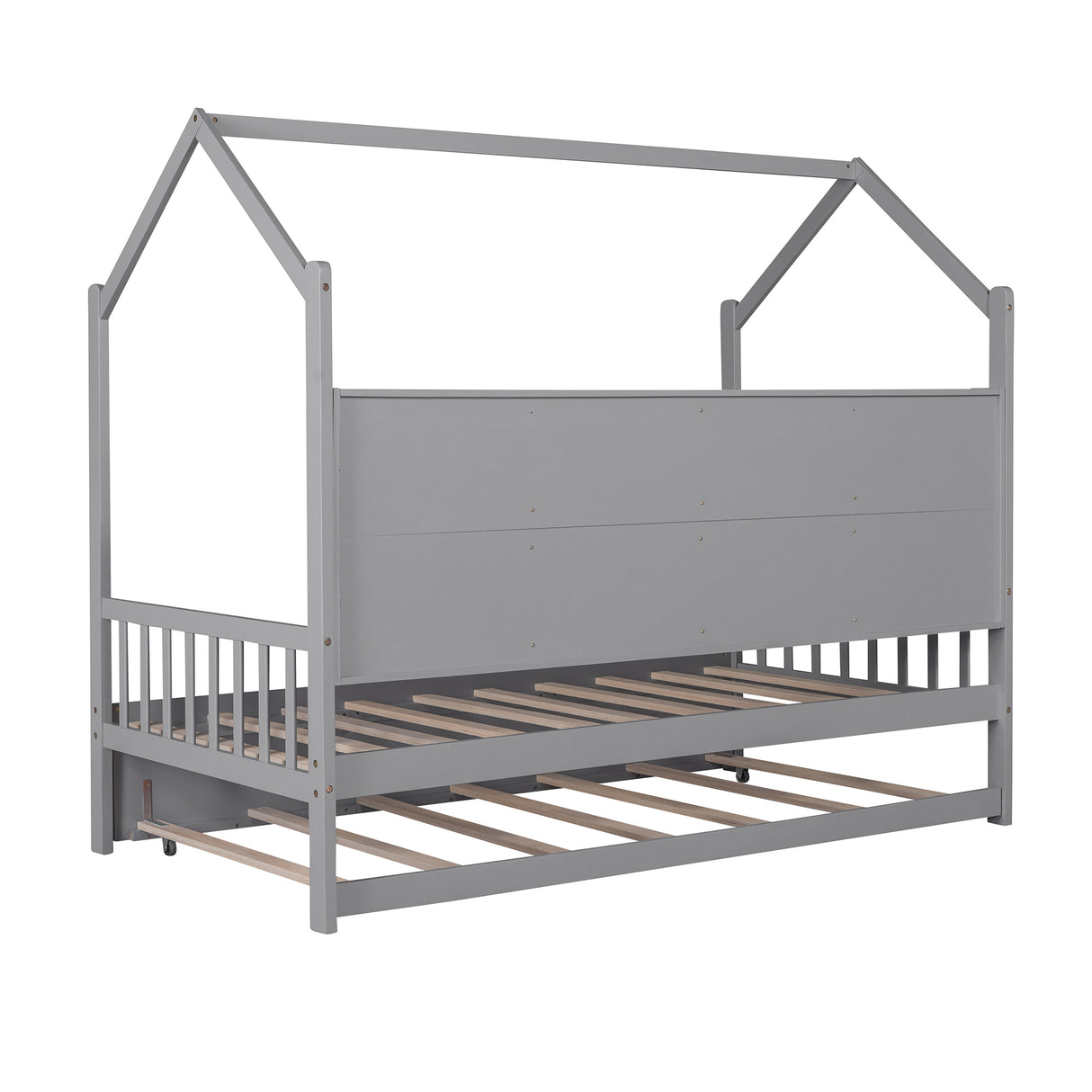 Wooden Twin Size House Bed with Trundle,Kids Bed with Shelf, Gray Home Elegance USA