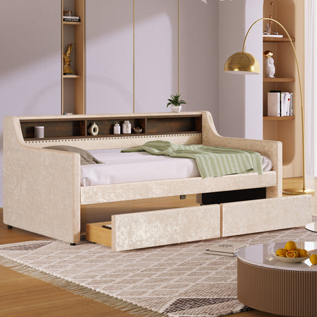 Twin Size Snowflake Velvet Daybed with Two Storage Drawers and Built-in Storage Shelves,Beige - Home Elegance USA