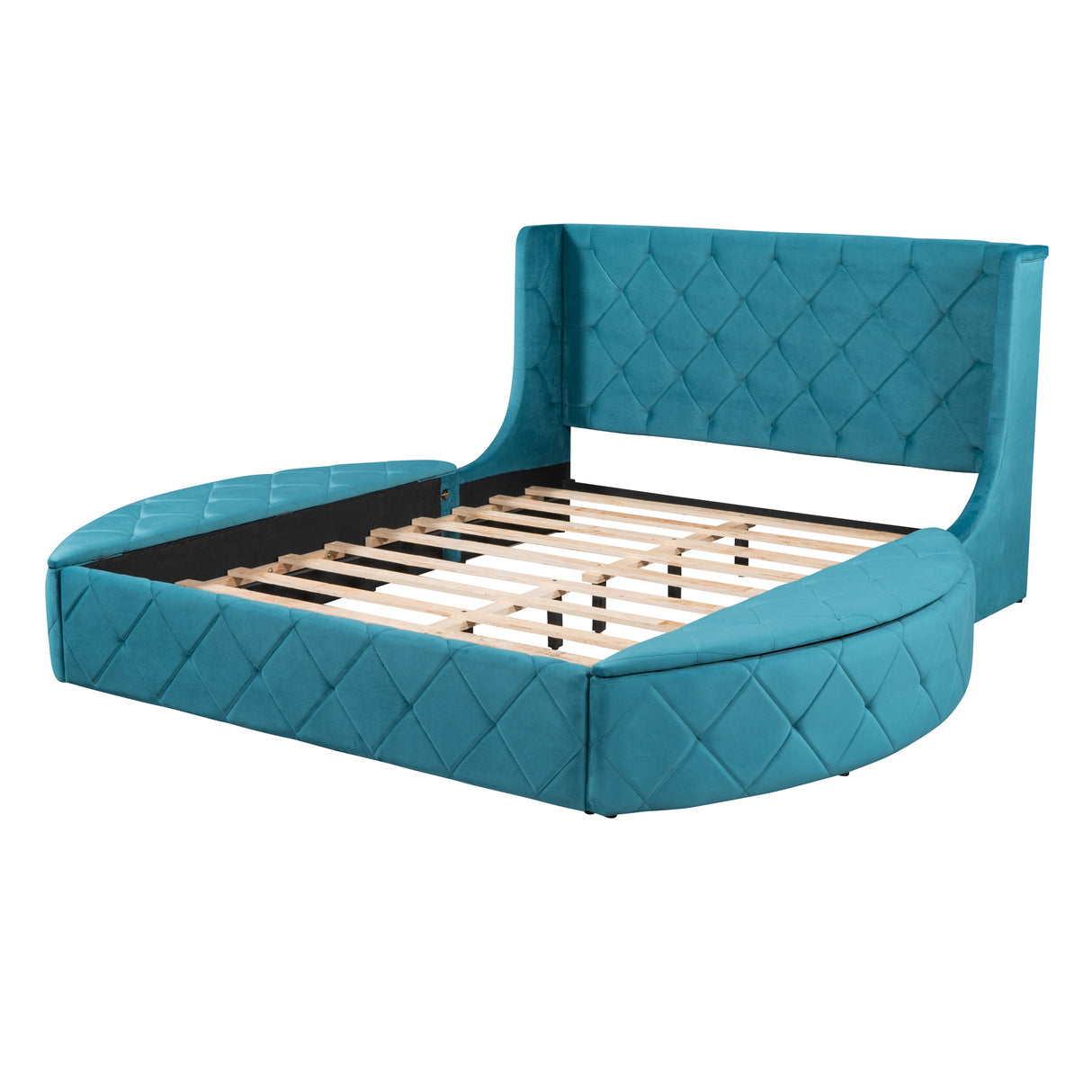 Upholstered Platform Bed Queen Size Storage Velvet Bed with Wingback Headboard and 1 Big Drawer,2 Side Storage Stool(Blue) - Home Elegance USA