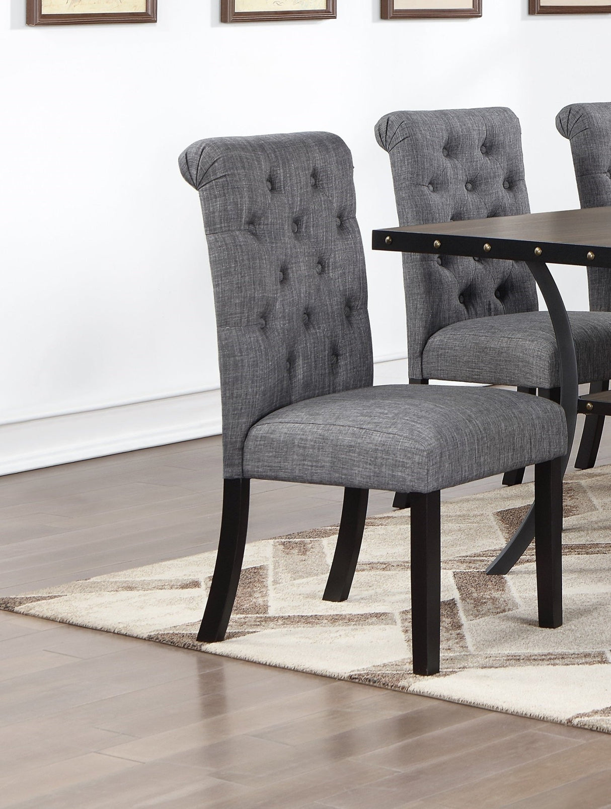 Classic Dining Room Furniture Natural Wooden Rectangle Top Dining Table 6x Side Chairs Charcoal Fabric Tufted Toll Back Top Back Chair Nail heads Trim and Storage Shelve 7pc Dining Set - Home Elegance USA
