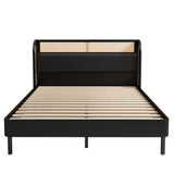 Modern Cannage Rattan Wood Platform Queen Bed, Black Home Elegance USA