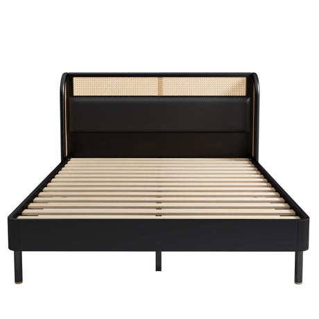 Modern Cannage Rattan Wood Platform Queen Bed, Black Home Elegance USA