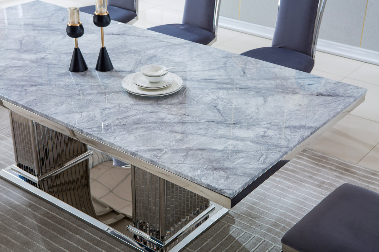 Modern Rectangular Marble Dining Table, 0.71" Thick Marble Top, Double Pedestal Pillar Stainless Steel Base with Silver Mirrored Finish, Size:87"Lx41"Dx30"H(Not Including Chairs) - Home Elegance USA