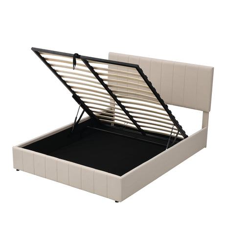 Queen size Upholstered Platform bed with a Hydraulic Storage System - Beige - Home Elegance USA