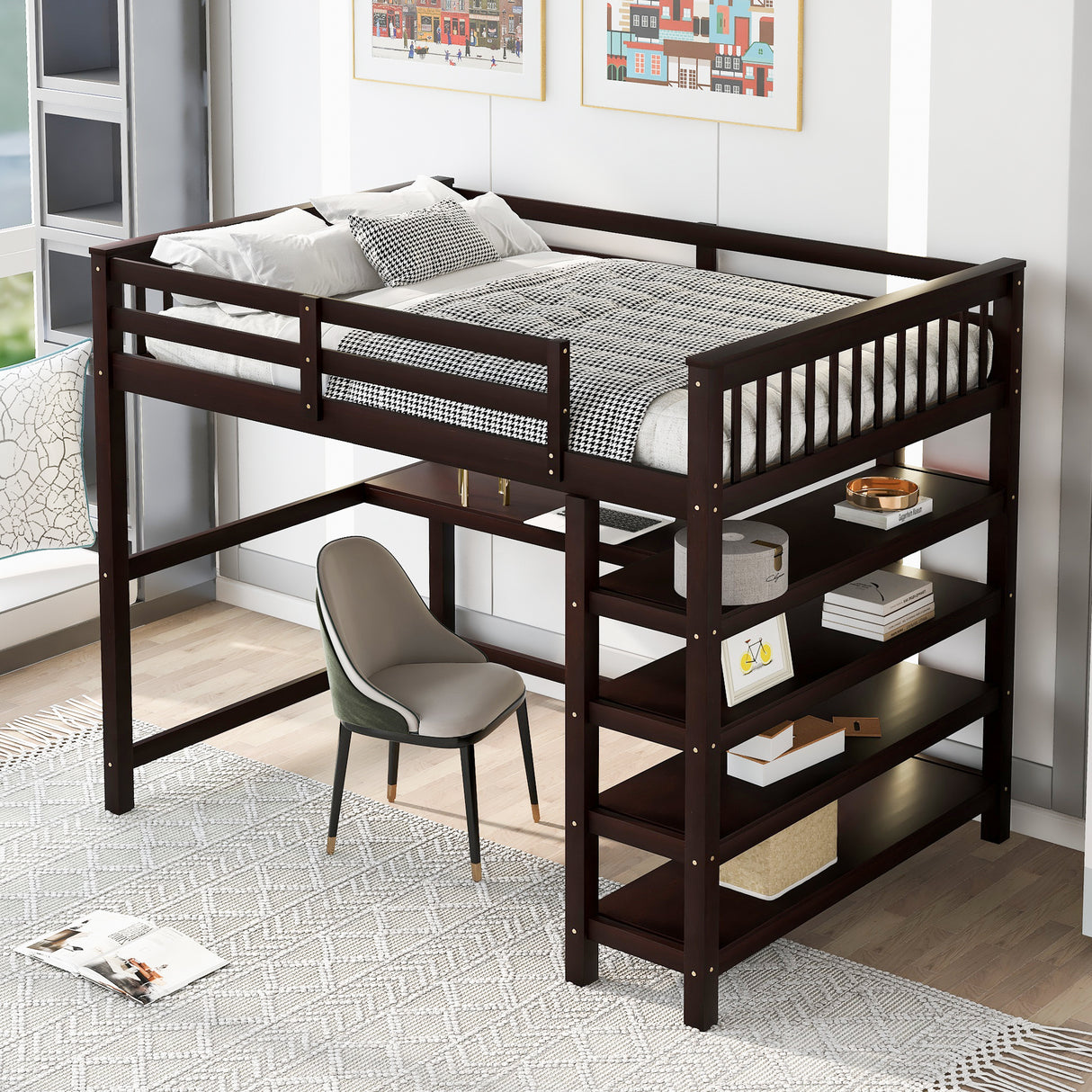 Full Size Loft Bed with Storage Shelves and Under-bed Desk, Espresso(OLD SKU:SM000246AAP-1) - Home Elegance USA
