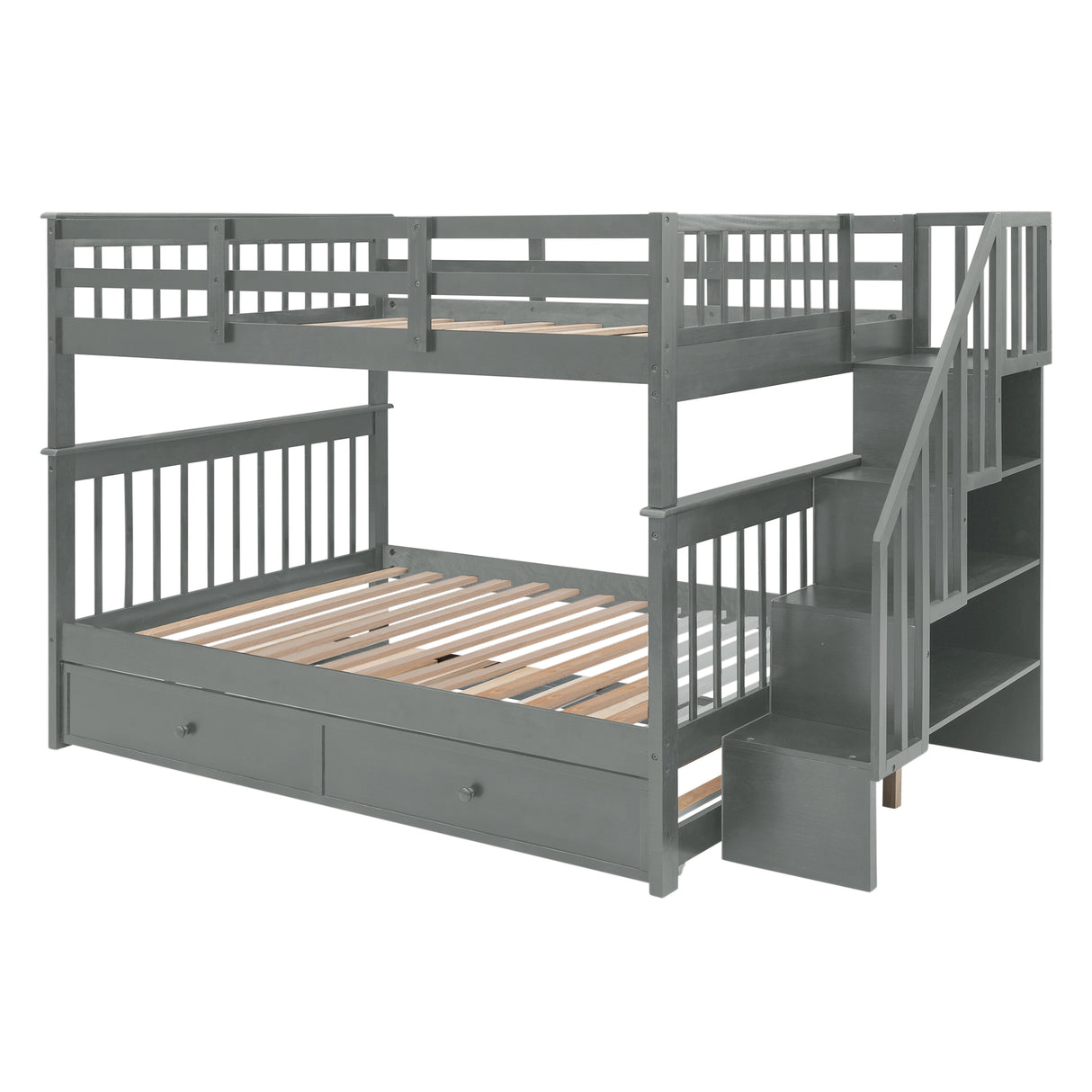 Stairway Full-Over-Full Bunk Bed with Twin size Trundle, Storage and Guard Rail for Bedroom, Dorm - Gray(OLD SKU :LP001210AAE) - Home Elegance USA