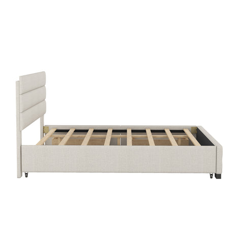 Queen Upholstered Platform Bed with Twin Size Trundle and Two Drawers, Beige - Home Elegance USA