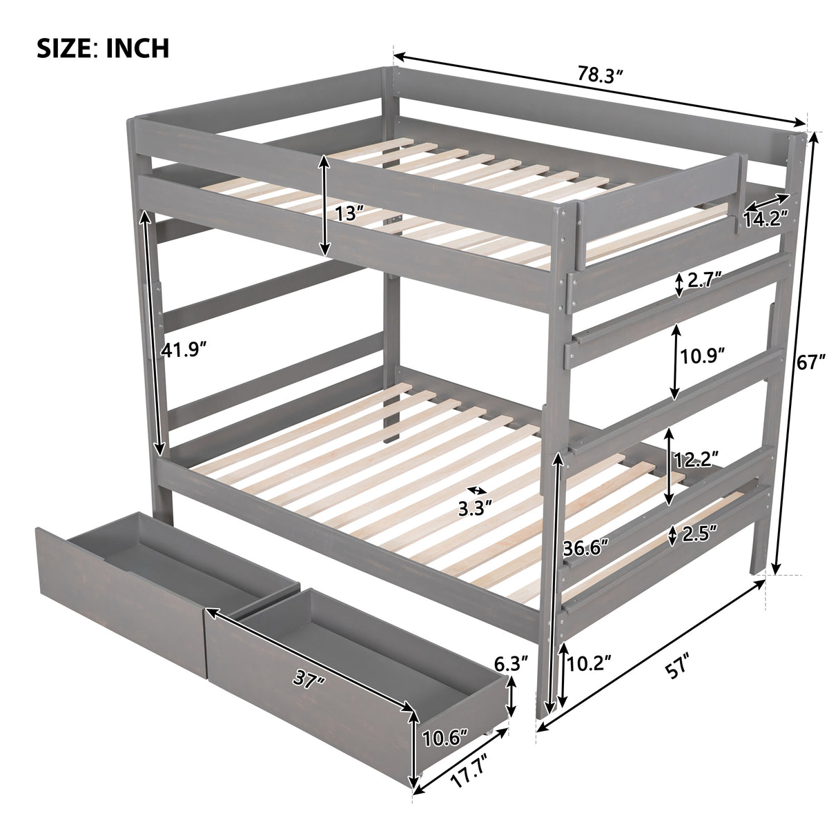 Full over Full Wood Bunk Bed with 2 Drawers, Gray - Home Elegance USA