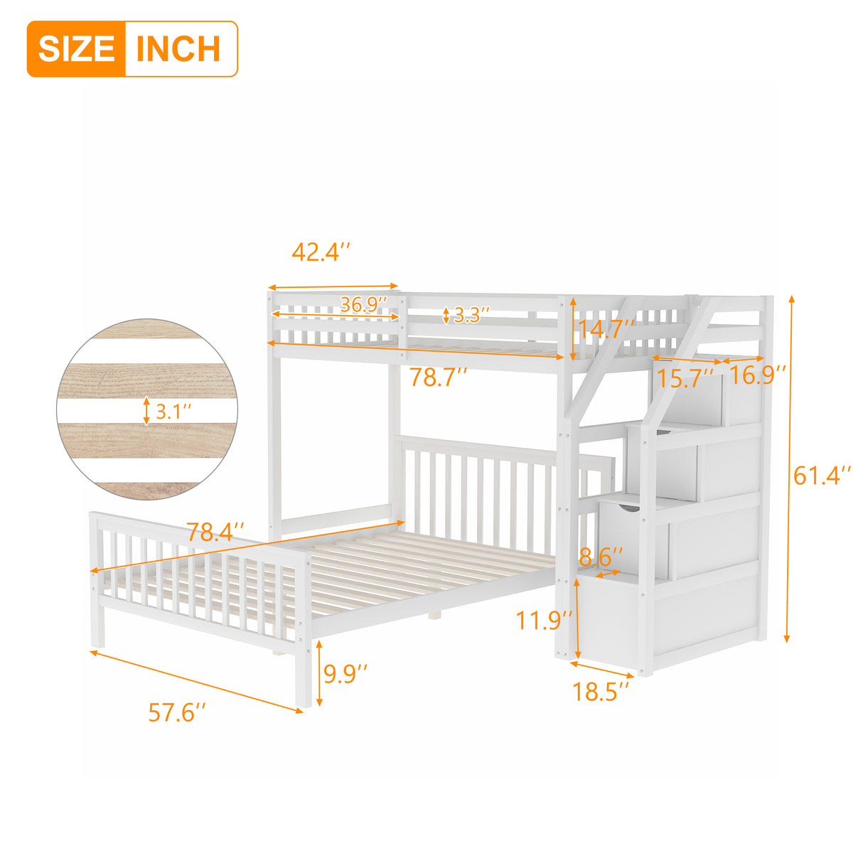 Twin over Full Loft Bed with Staircase,White(OLD SKU:SM000107AAK) - Home Elegance USA