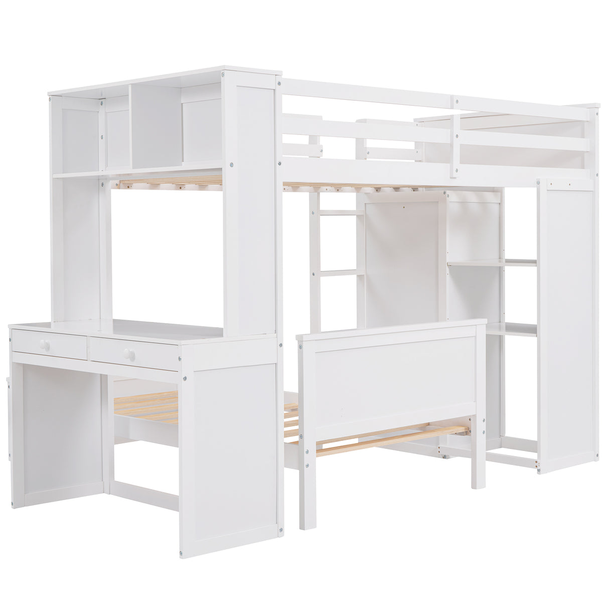 Twin size Loft Bed with a Stand-alone bed, Shelves,Desk,and Wardrobe-White - Home Elegance USA