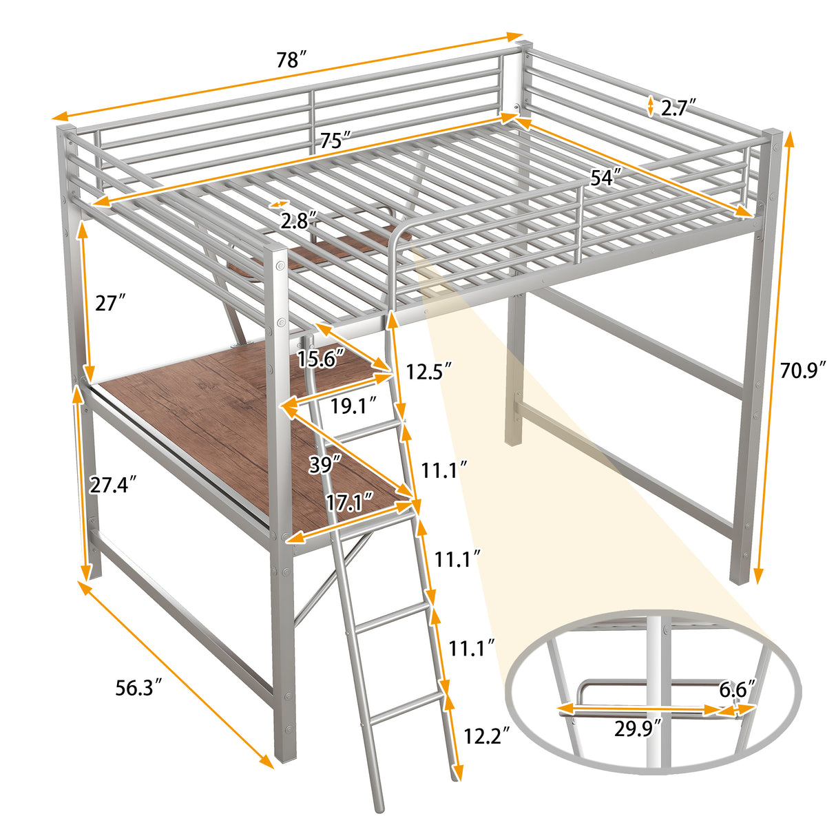 Full Size Loft Metal&MDF Bed with Desk and Shelf, Silver