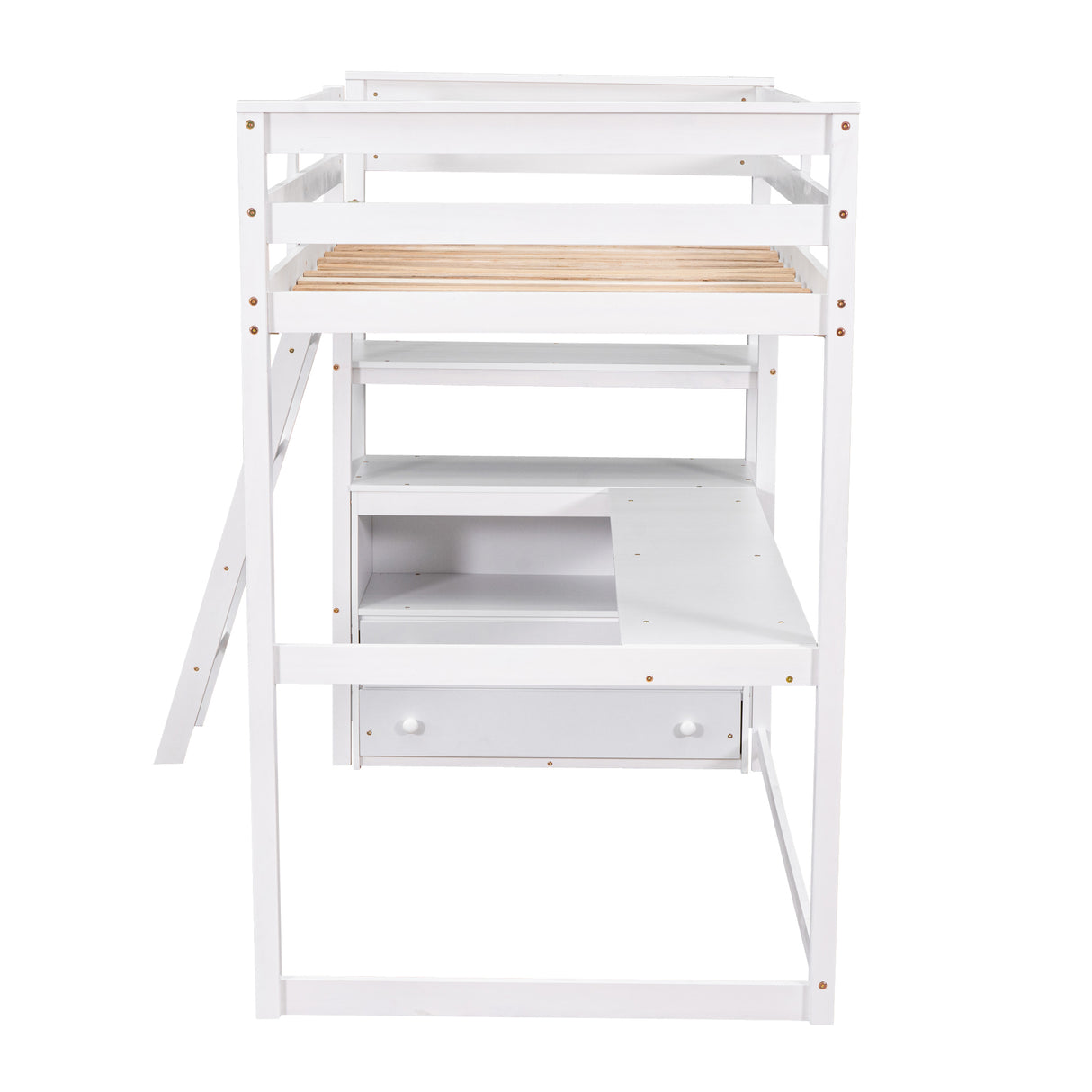 Twin Size Loft Bed with Desk and Shelves, Two Built-in Drawers, White (old SKU: GX000803AAK-1） - Home Elegance USA