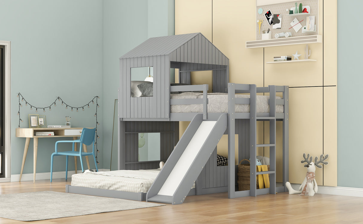 Wooden Twin Over Full Bunk Bed, Loft Bed with Playhouse, Farmhouse, Ladder, Slide and Guardrails, Gray(OLD SKU :LT000028AAN) Home Elegance USA