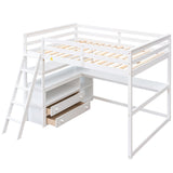 Full Size Loft Bed with Desk and Shelves,Two Built-in Drawers,White - Home Elegance USA