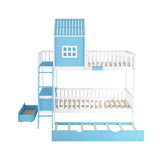 Twin over Twin Bunk Bed with Twin Size Trundle , Farmhouse Bed with Storage Box and Drawer - Blue - Home Elegance USA