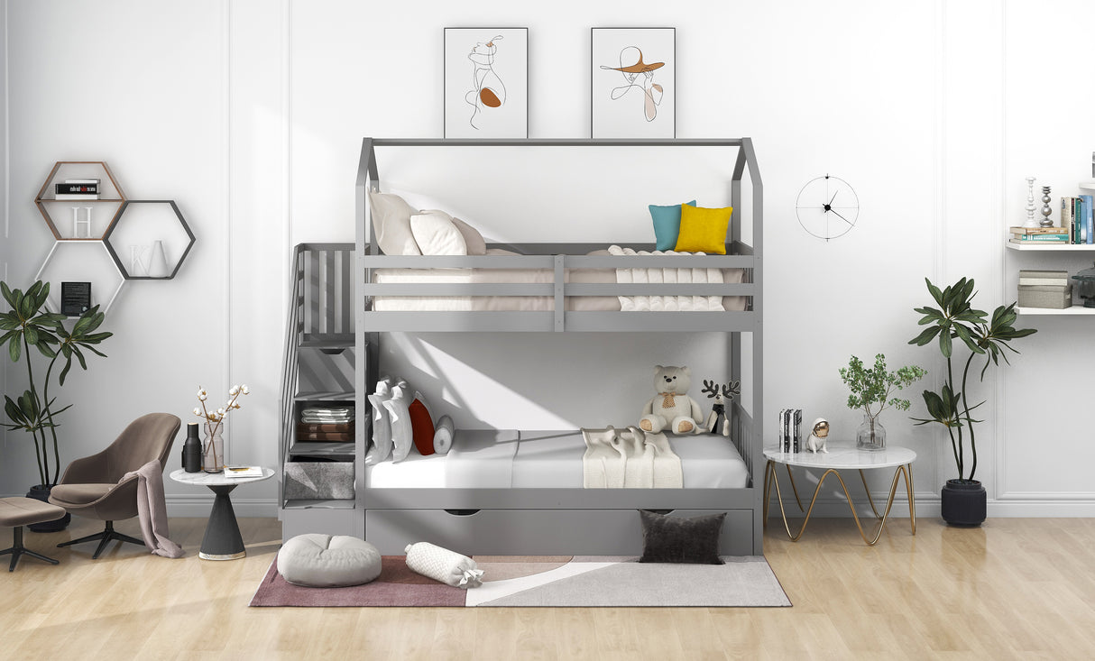 Multifunctional Twin over Twin House Bunk Bed with Staircase and Storage Space,Gray - Home Elegance USA