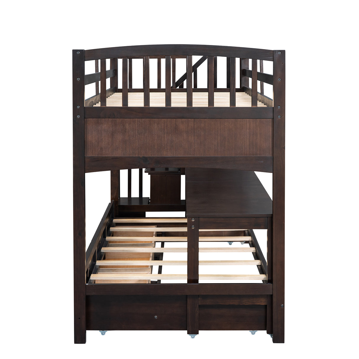 Stairway Twin XL Loft Bed with Twin Size Trundle and 3 Drawers, Storage, Desk, Espresso - Home Elegance USA