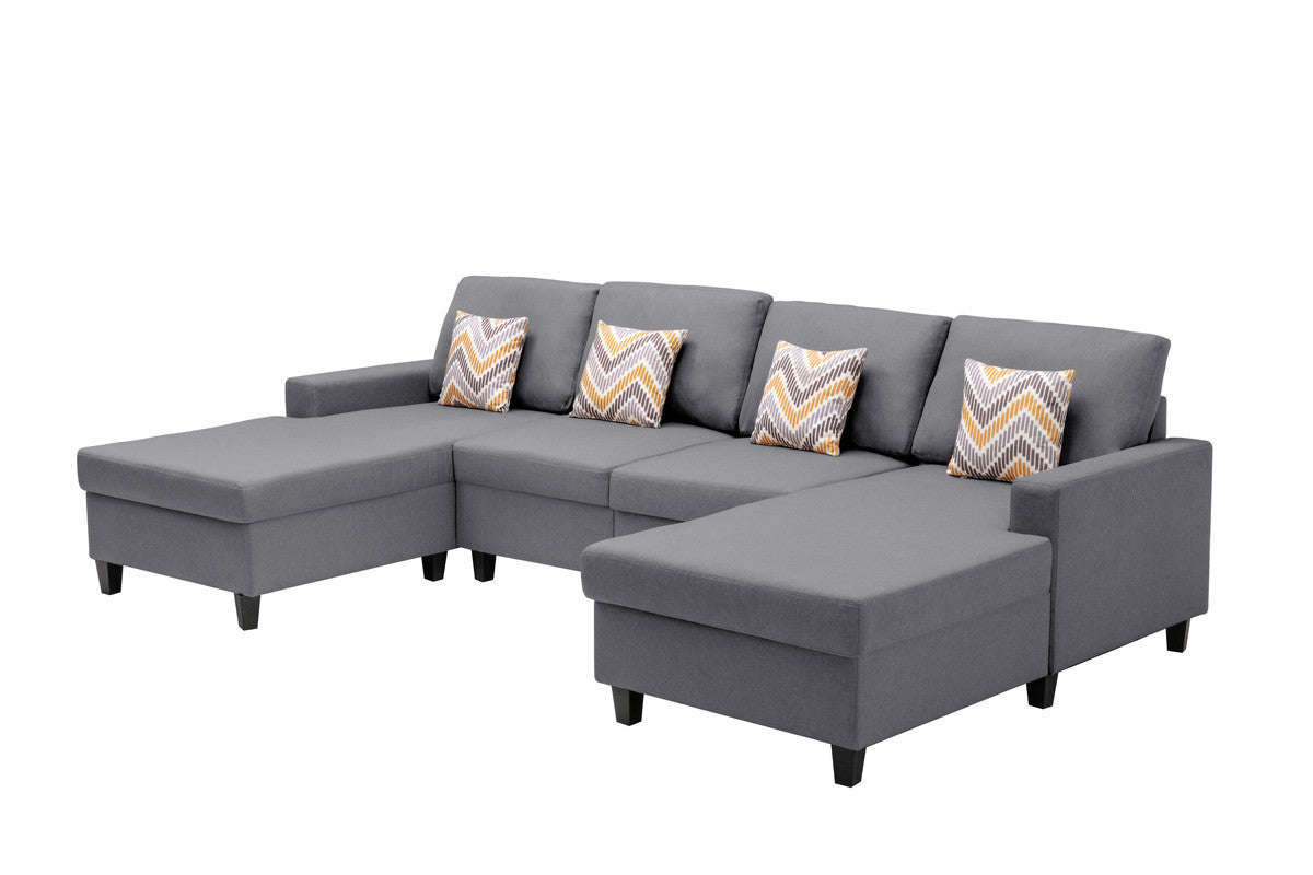 Nolan Gray Linen Fabric 4Pc Double Chaise Sectional Sofa with Pillows and Interchangeable Legs - Home Elegance USA