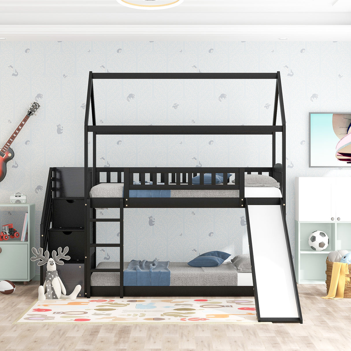 Twin Over Twin Bunk Bed with Drawers and Slide, House Bed with Slide,Espresso(OLD SKU :LP000215AAP) - Home Elegance USA