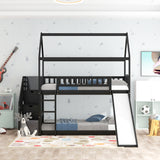 Twin Over Twin Bunk Bed with Drawers and Slide, House Bed with Slide,Espresso(OLD SKU :LP000215AAP) - Home Elegance USA