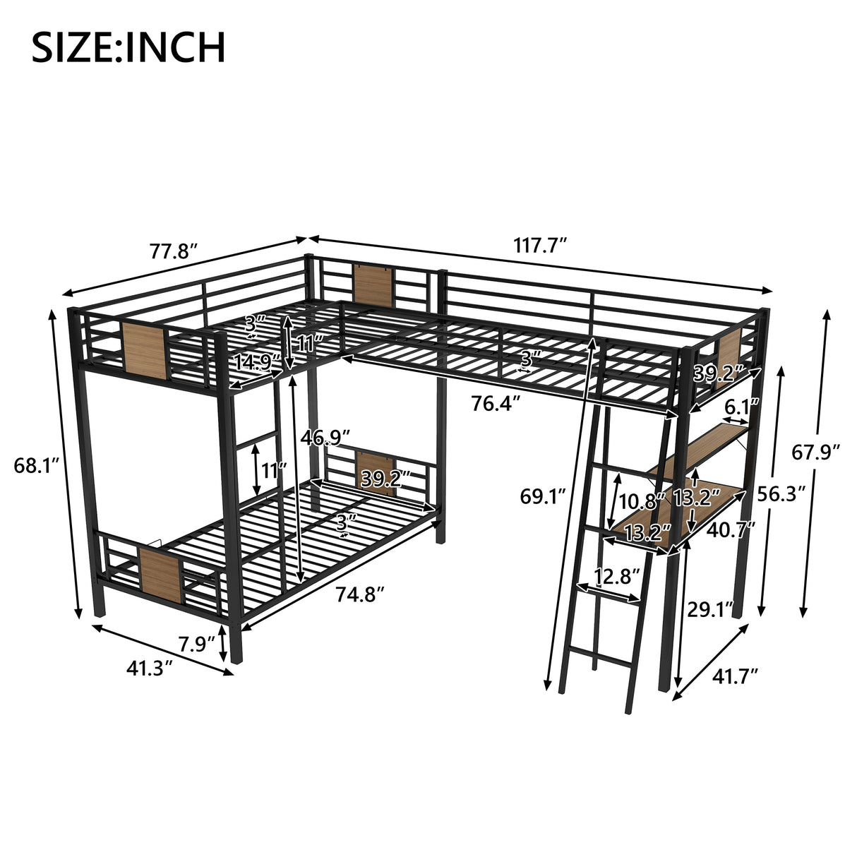 L-Shaped Twin over Twin Bunk Bed with Twin Size Loft Bed with Desk and Shelf ,Brown - Home Elegance USA