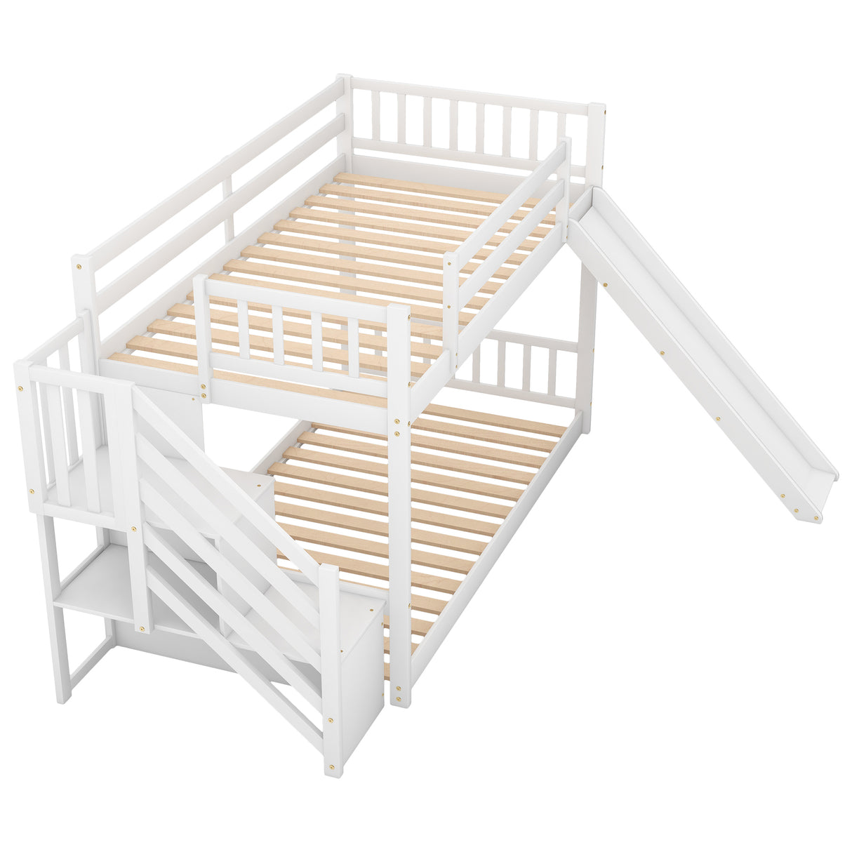 Twin over Twin Bunk Bed with Convertible Slide and Stairway, White - Home Elegance USA