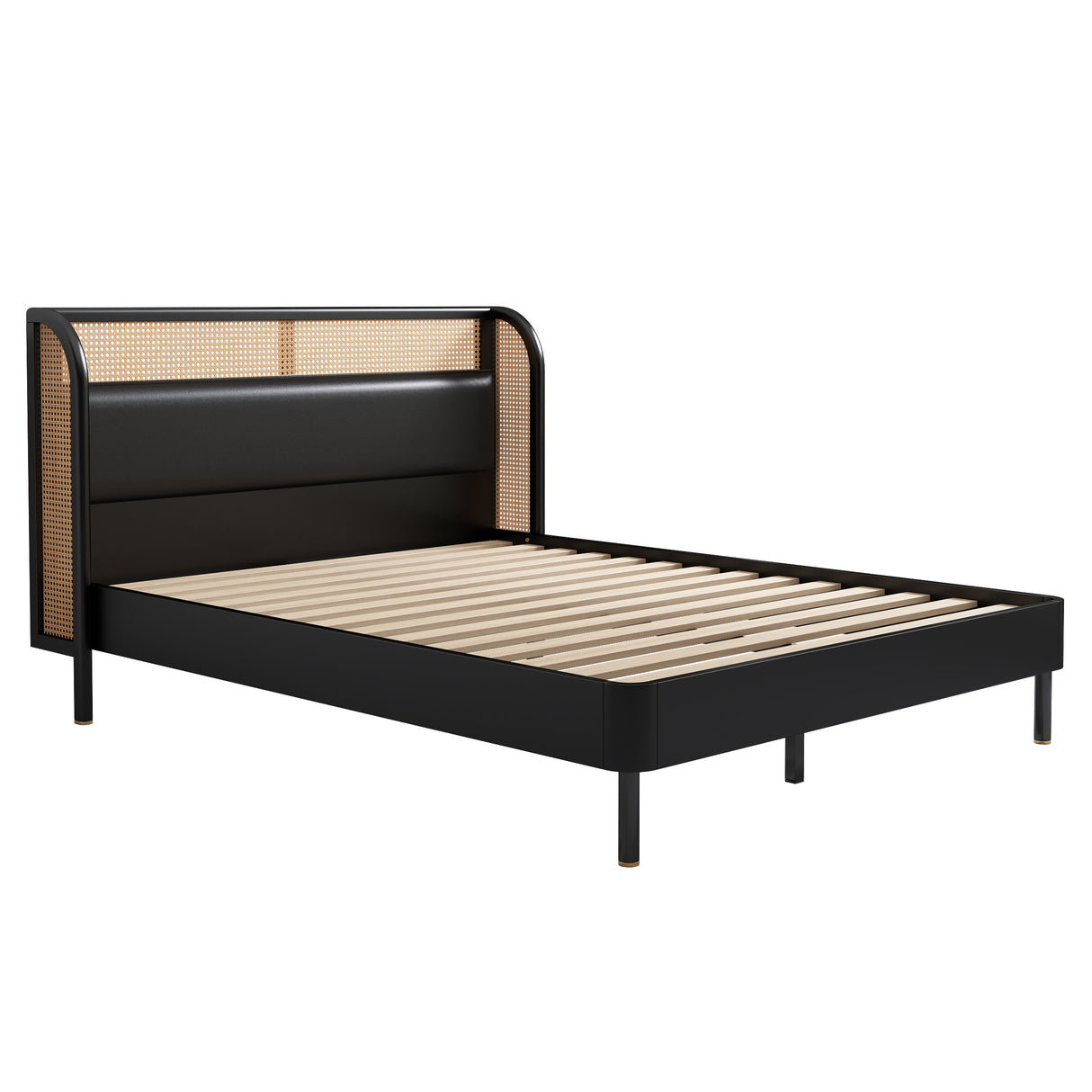 Modern Cannage Rattan Wood Platform Queen Bed, Black Home Elegance USA