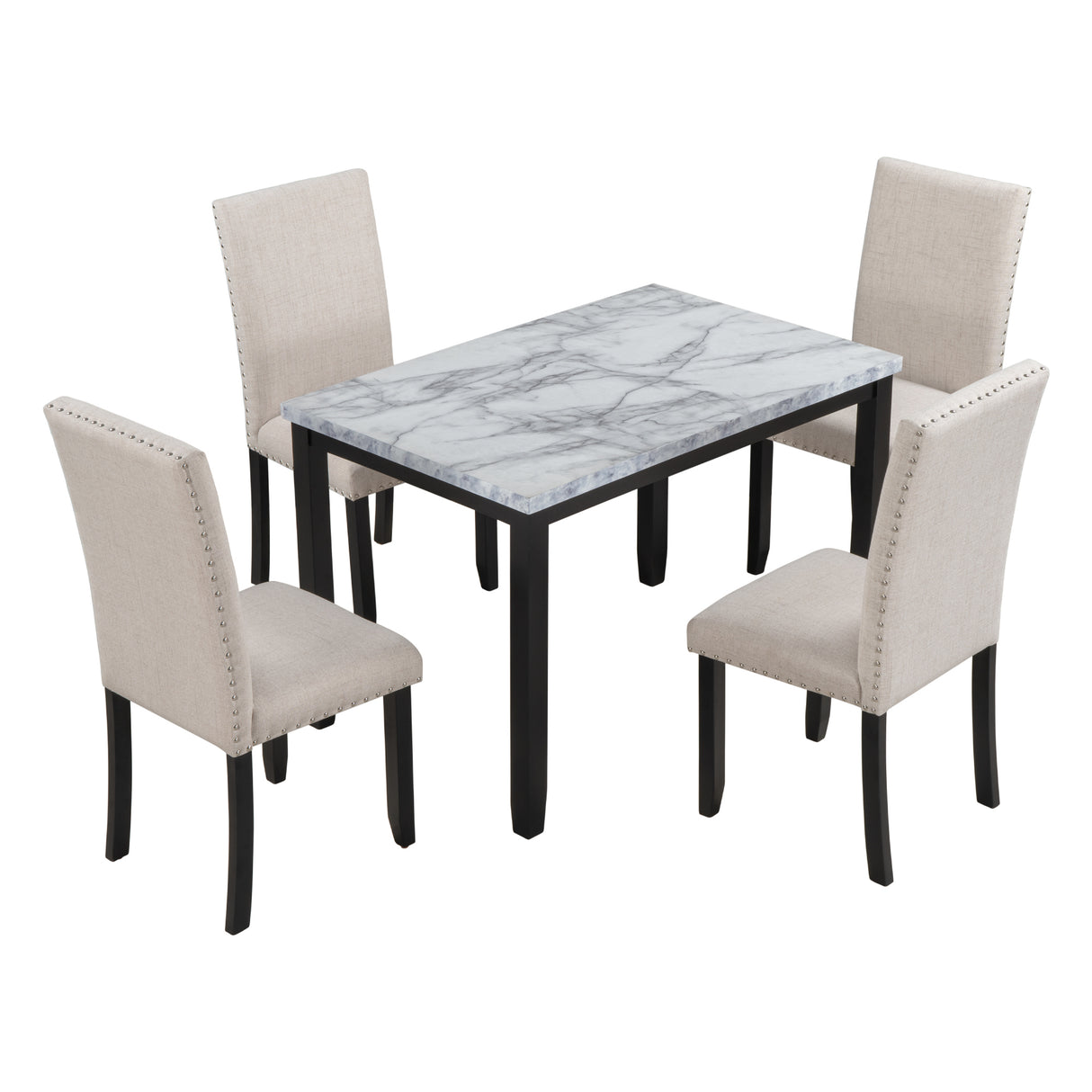 TREXM Faux Marble 5-Piece Dining Set Table with 4 Thicken Cushion Dining Chairs Home Furniture, White/Beige+Black - Home Elegance USA